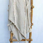 Natural Cotton Linen Throw with Diagonal Stripes and Beaded Tassels | 130×200cm